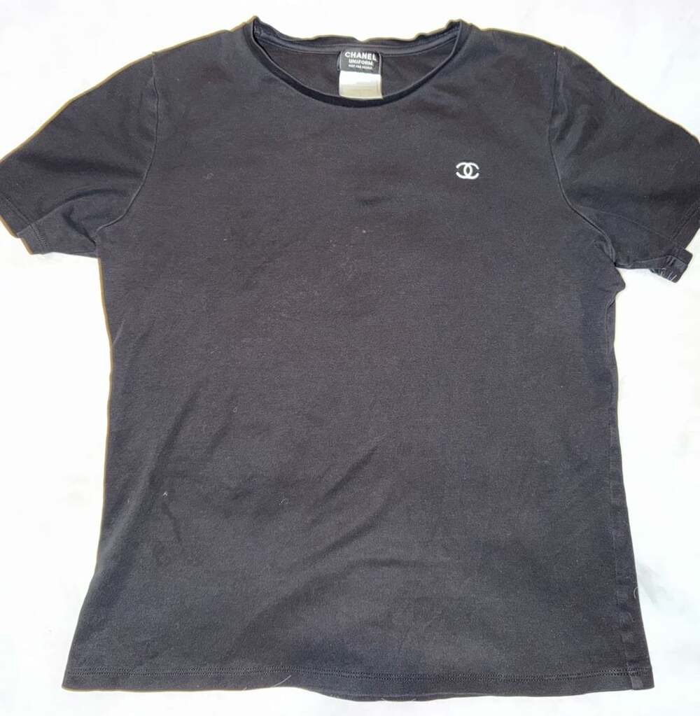 Chanel Uniform Black T-Shirt with Embroidered CC Logo Size S